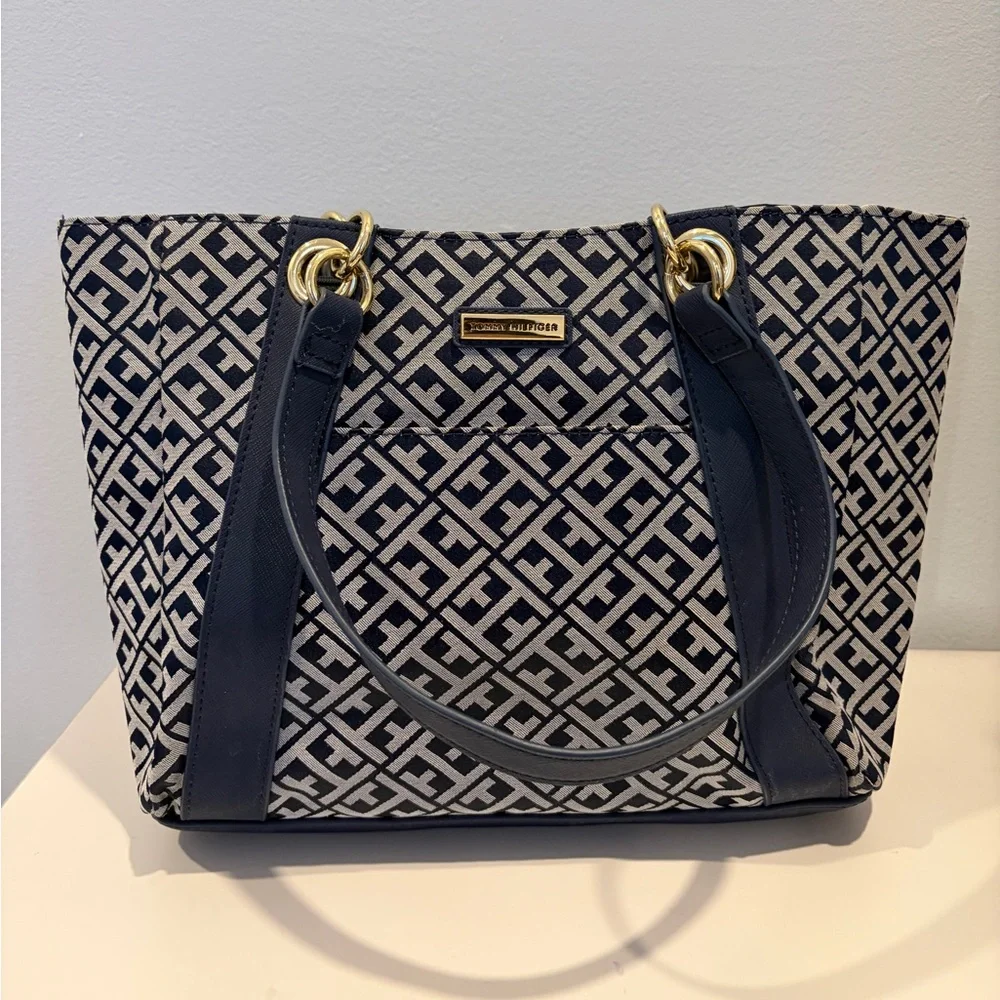 Tommy Hilfiger Navy Monogram Print Tote Handbag - Picture 1 of 5